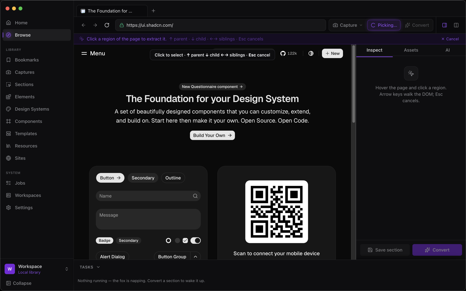 Nisaba in extract mode: a live page with the selection overlay active and the inspector open