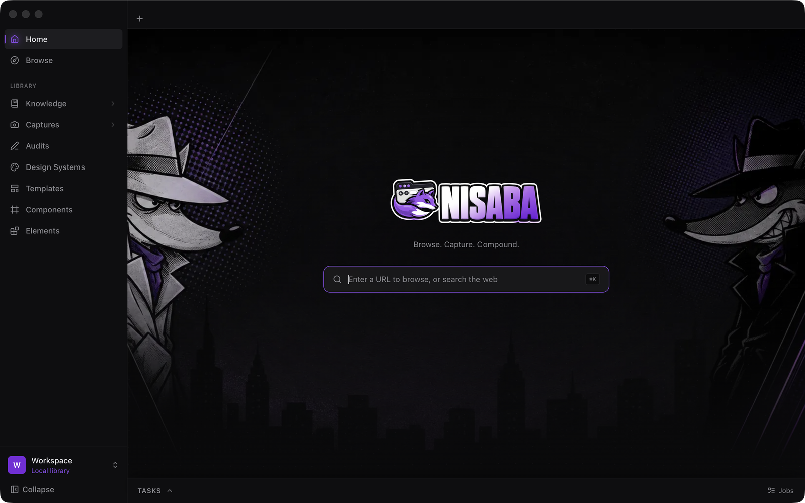 Nisaba's dashboard: the wordmark, one field, and the fox-vs-fox artwork behind it