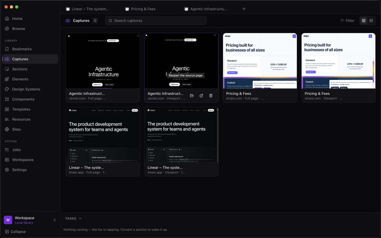 The Captures library showing saved screenshots of Vercel, Stripe and Linear