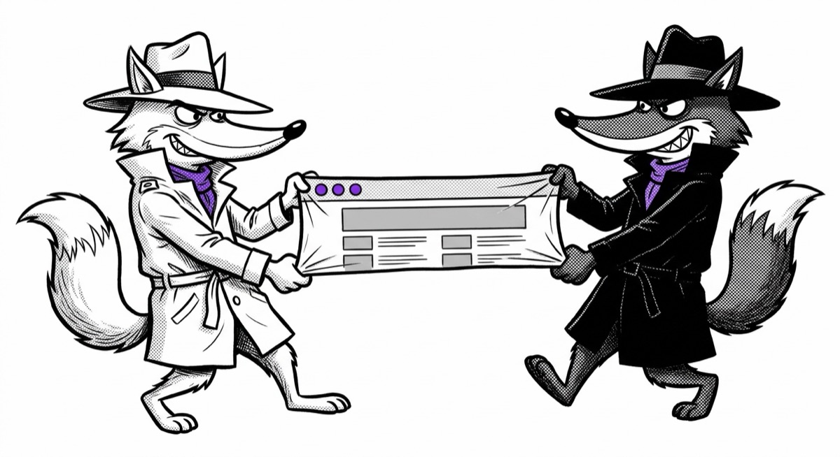 Two cartoon fox spies in trench coats tugging a browser window between them