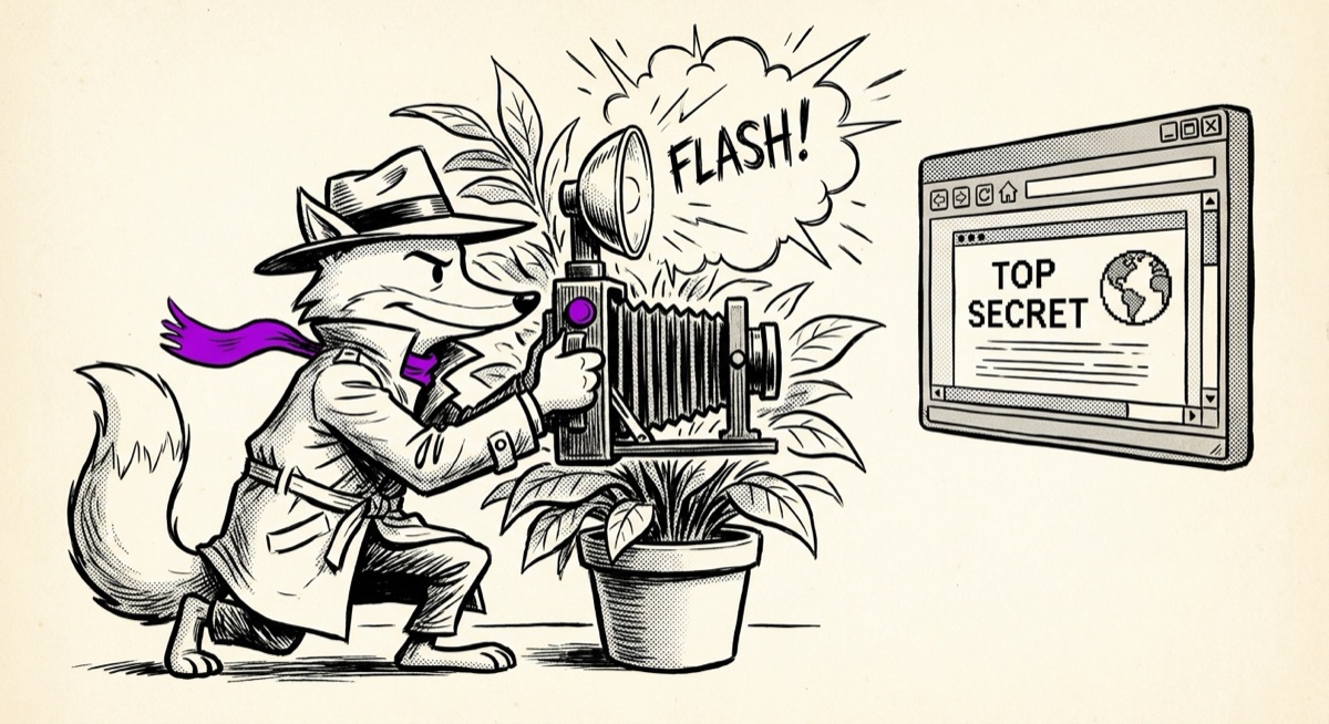 A fox spy photographing a website with an oversized flash camera