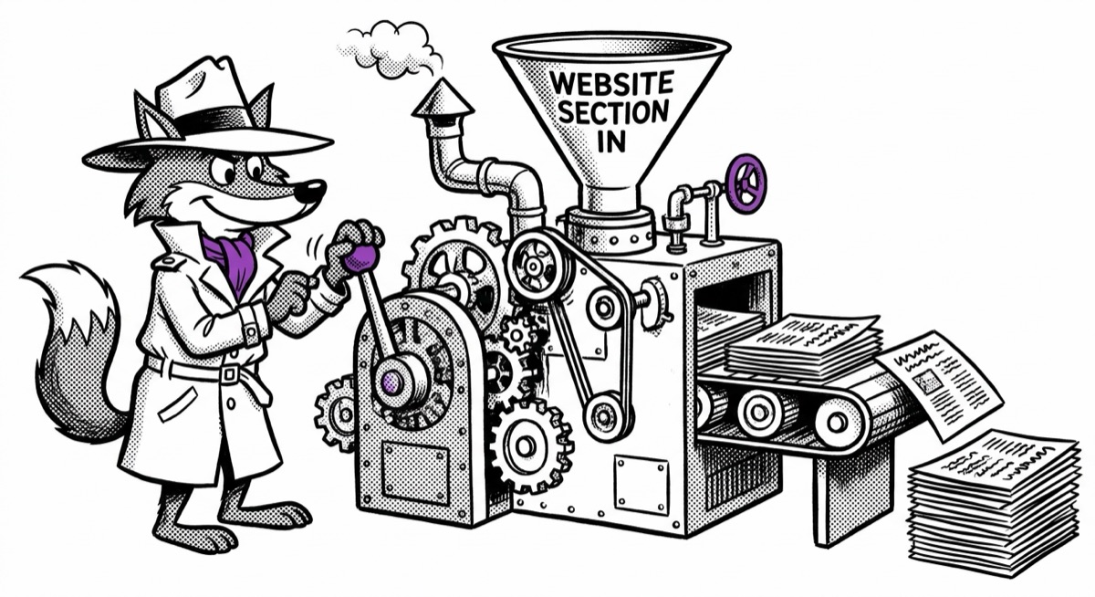 A fox spy cranking a machine that turns a website section into printed code