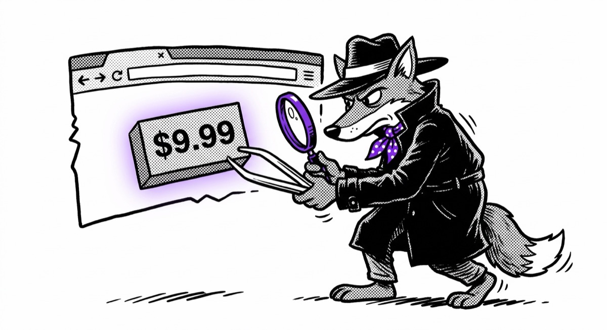 A fox spy lifting a pricing card out of a webpage with tweezers