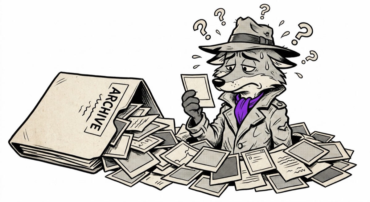 A cartoon fox detective buried in an avalanche of unlabeled screenshots